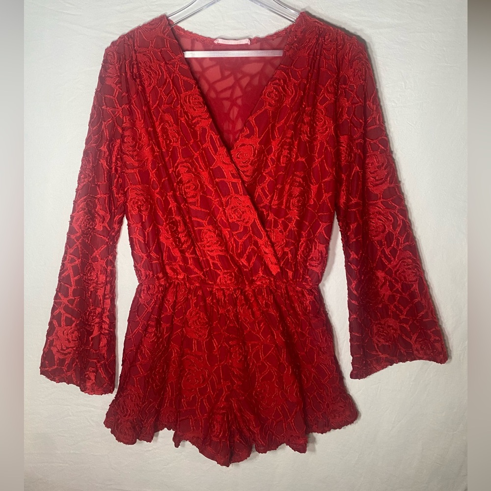 Honey Belle Red Velvet Romper Medium Rose Lace Boho Flair
